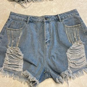 Rhinestone high waisted denim shorts with diamond fringe